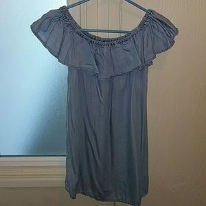 Off the shoulder chambray shift dress